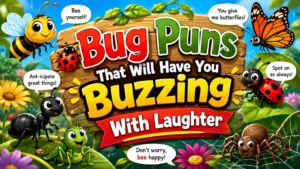 Colorful bug puns banner with bees, ladybugs, butterfly, ant, grasshopper, spider, and playful insect humor.