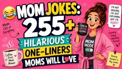 Mom jokes graphic with 255+ hilarious one-liners, coffee humor, mom mode vibes, and a cheerful cartoon mother.