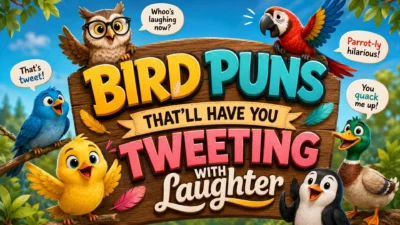 Colorful bird puns poster with cartoon owl, parrot, duck, penguin, chick, and funny bird wordplay.