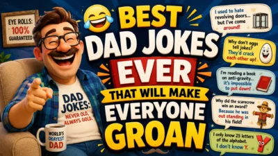 Best dad jokes ever poster with a laughing dad, funny speech bubbles, and colorful joke-themed graphics.