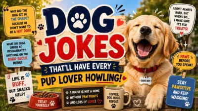 Funny dog jokes poster with a happy golden retriever, playful captions, treats, paw prints, and colorful pet humor.