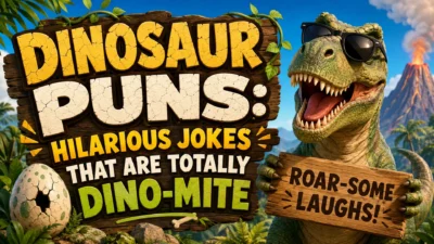 Dinosaur puns banner with a funny T-Rex, volcano, cracked egg, jungle, and bold dino-mite joke text.