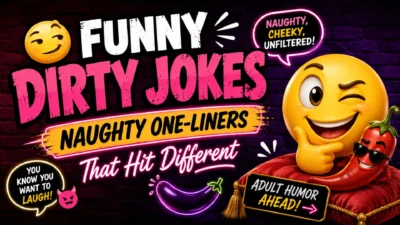 Funny dirty jokes banner with winking emojis, cheeky chili and eggplant graphics, and bold naughty one-liner text.