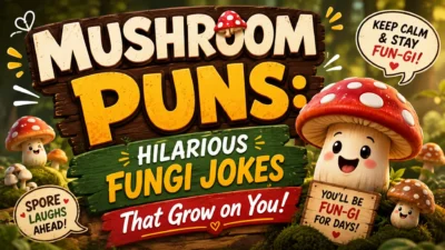 Mushroom puns banner with cute cartoon fungi, forest scenery, and funny “Hilarious Fungi Jokes” text.