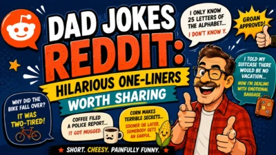 Dad jokes Reddit banner with a funny cartoon dad, cheesy one-liners, speech bubbles, and colorful comic-style humor.
