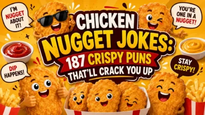 Funny chicken nugget jokes graphic with smiling nuggets, fries, dipping sauces, and bold crispy pun text.