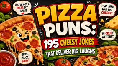 Funny pizza puns graphic with cheesy pizza slices, bold jokes, toppings, and playful food-themed text.