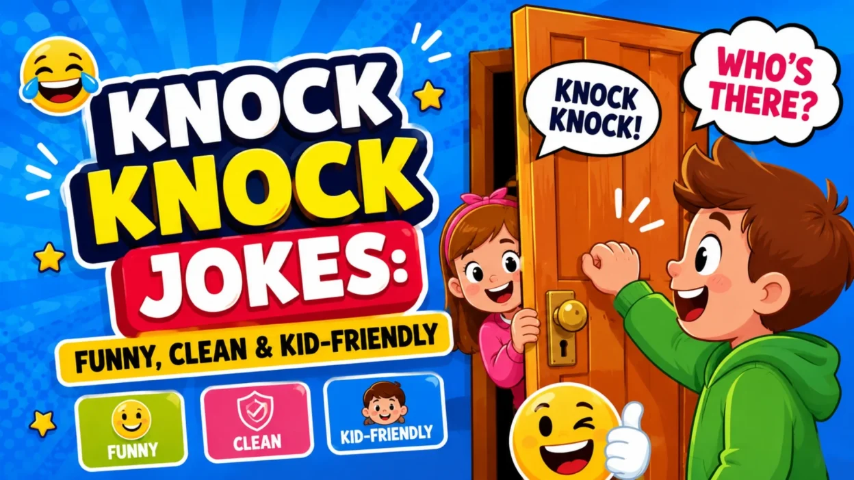 Knock knock jokes cartoon with smiling kids, a door, and funny, clean, kid-friendly humor.