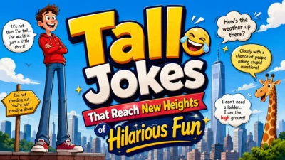 Colorful tall jokes banner with a tall man, giraffe, city skyline, laughing emoji, and playful height humor.