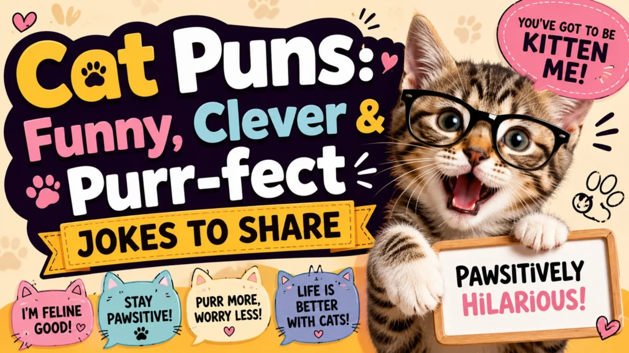 Funny cat puns graphic with a playful kitten, glasses, paw prints, and clever purr-fect joke captions.