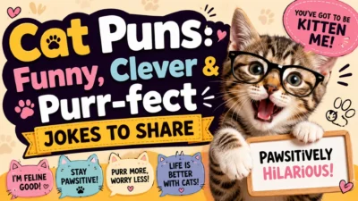Funny cat puns graphic with a playful kitten, glasses, paw prints, and clever purr-fect joke captions.