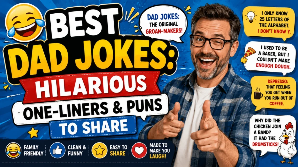 Best dad jokes graphic with a smiling dad, funny one-liners, clever puns, and family-friendly humor.