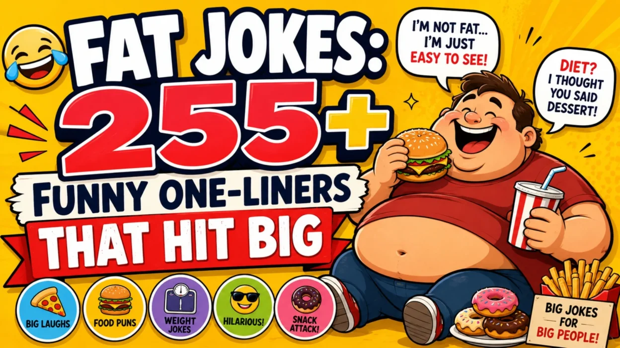 Fat jokes graphic with 255+ funny one-liners, food humor, weight jokes, and a cheerful cartoon man holding a burger.