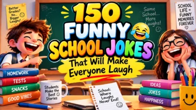 Funny school jokes banner with laughing students, chalkboard, and 150 school jokes text