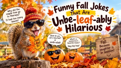 Funny fall jokes with a laughing squirrel, pumpkins, and colorful autumn leaves