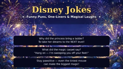 Disney jokes graphic with funny puns, one-liners, magical humor, castle theme, and family-friendly comedy ideas