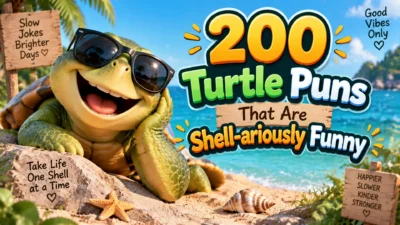 200 turtle puns thumbnail with funny smiling turtle wearing sunglasses on tropical beach