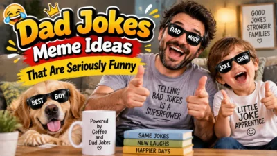 Dad jokes meme ideas thumbnail featuring funny father, child, dog, and comedy theme for laughter content