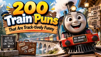 200 train puns thumbnail featuring a funny cartoon locomotive and railway humor theme