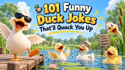 Funny duck jokes banner with cheerful cartoon ducks laughing and playing around a sunny pond.