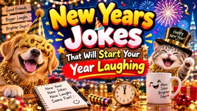 Funny New Years jokes graphic with laughing cat, dog, fireworks, and festive 2026 celebration