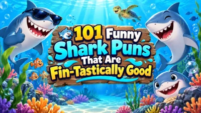 Funny shark puns banner with smiling cartoon sharks, coral reef, bubbles, and a bright underwater scene.