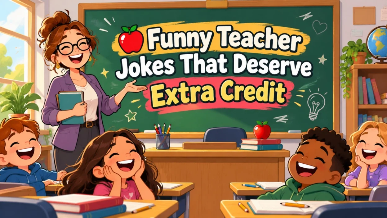 Funny teacher jokes banner with a smiling teacher, laughing students, classroom desks, books, and a chalkboard.