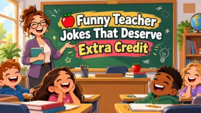 Funny teacher jokes banner with a smiling teacher, laughing students, classroom desks, books, and a chalkboard.