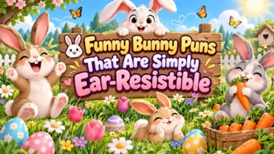Funny bunny puns banner with cute rabbits, carrots, flowers, Easter eggs, and a bright spring garden.