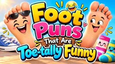 Funny foot puns with playful cartoon feet, colorful shoes, and socks for a humorous joke collection.