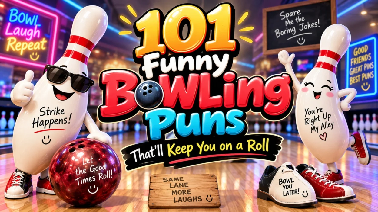 Funny bowling puns graphic with cartoon bowling pins, colorful balls, neon lanes, and playful bowling jokes
