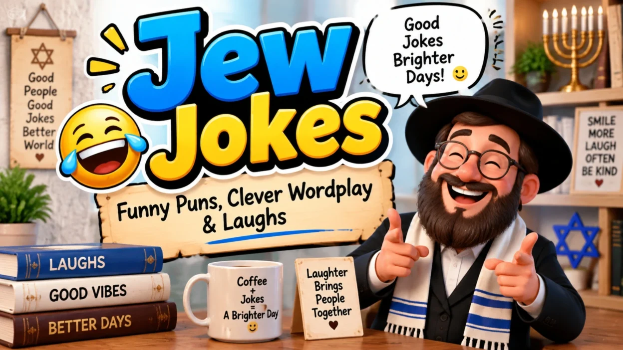 Funny Jew jokes thumbnail with clever wordplay, laughter, puns, and humor content illustration