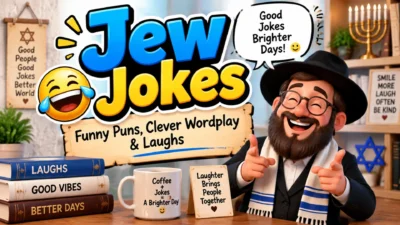 Funny Jew jokes thumbnail with clever wordplay, laughter, puns, and humor content illustration