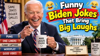 Funny Biden jokes thumbnail featuring Joe Biden laughing with humor-themed text and White House background