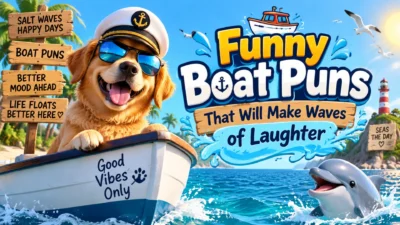 Funny boat puns thumbnail with smiling dog captain, ocean waves, and playful nautical humor design