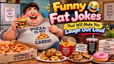 Funny fat jokes thumbnail with cheerful character, pizza, snacks, and humorous food-themed design