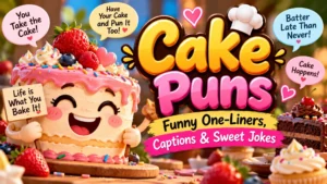 Cake puns graphic with funny one-liners, sweet jokes, colorful cakes, cupcakes, and playful baking wordplay