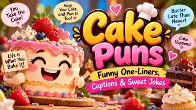 Cake puns graphic with funny one-liners, sweet jokes, colorful cakes, cupcakes, and playful baking wordplay
