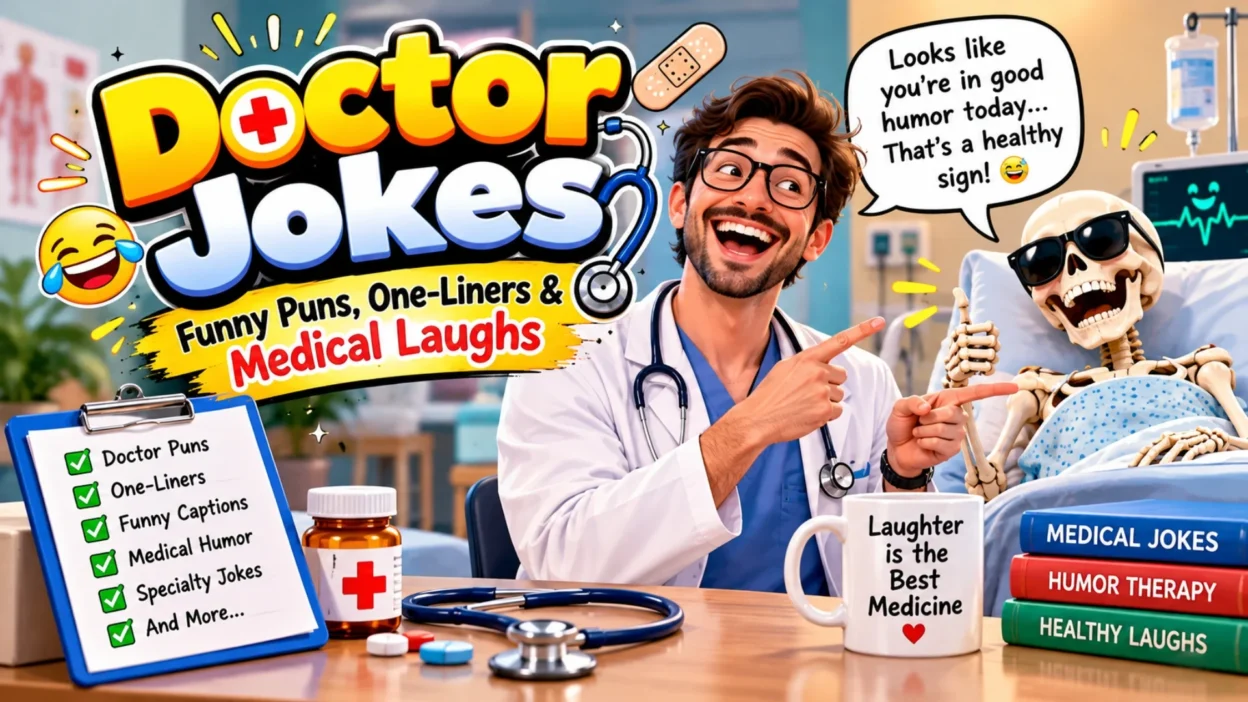 Doctor jokes graphic with funny puns, one-liners, medical humor, laughing doctor, skeleton patient, and healthcare props