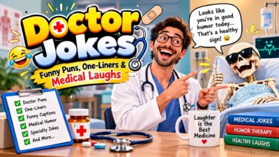 Doctor jokes graphic with funny puns, one-liners, medical humor, laughing doctor, skeleton patient, and healthcare props